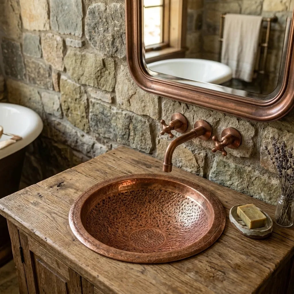 Handmade Hammered Copper Drop-In Bathroom Sink Basin