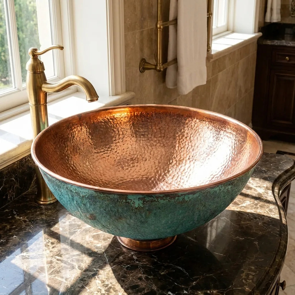 Copper Vessel Sink with Oxidized Finish – Round Hammered Bathroom Basin