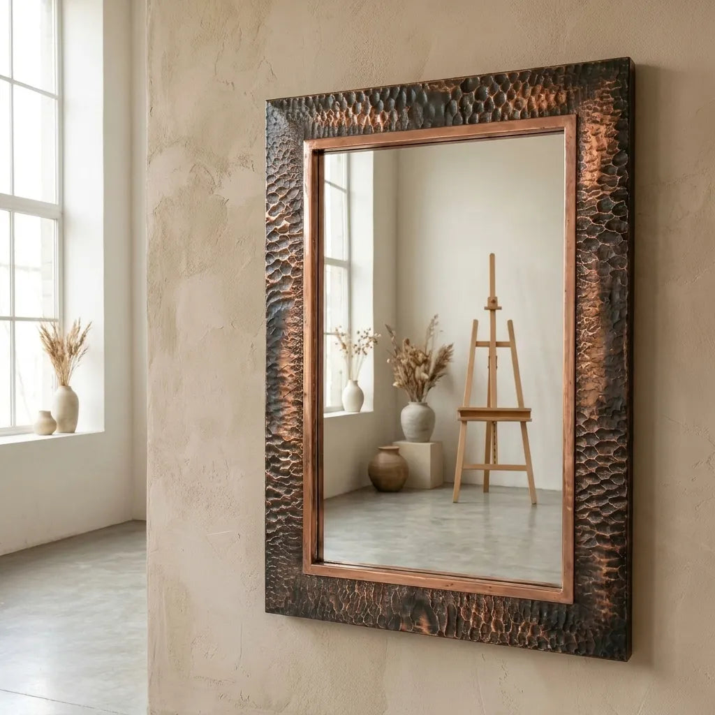 Patina Copper Rectangular Mirror – Artisan Bathroom Wall Accent