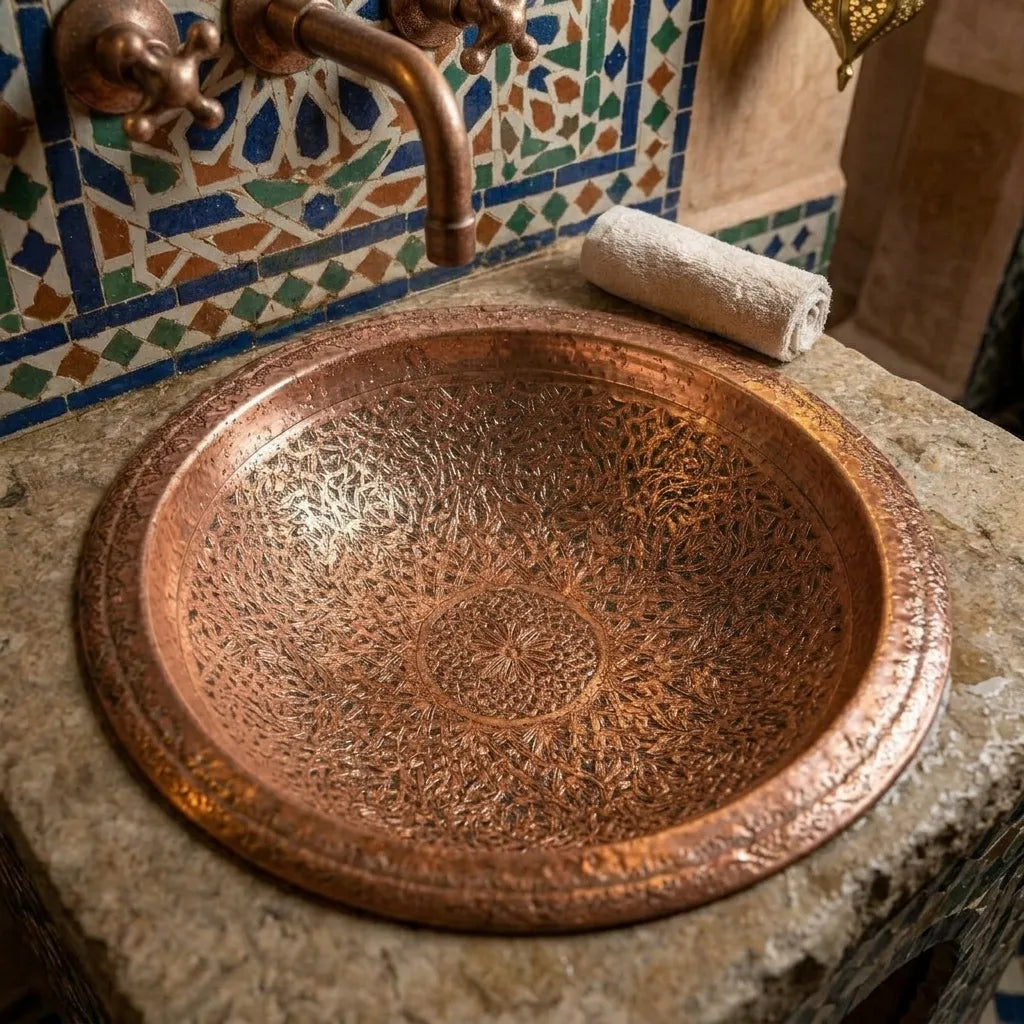 Engraved Copper Bathroom Sink – Moroccan Vanity Bowl