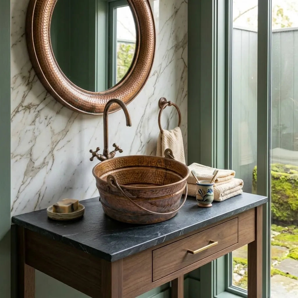 Handmade Hammered Copper Bucket Vessel Sink with Handles