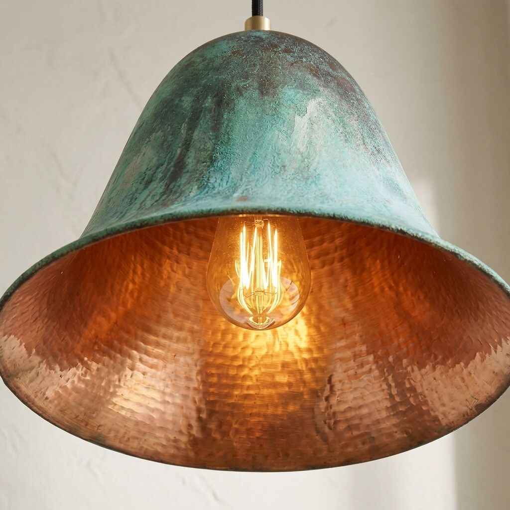 Handmade Oxidized Copper Pendant Light, Green Patina Dome Lamp