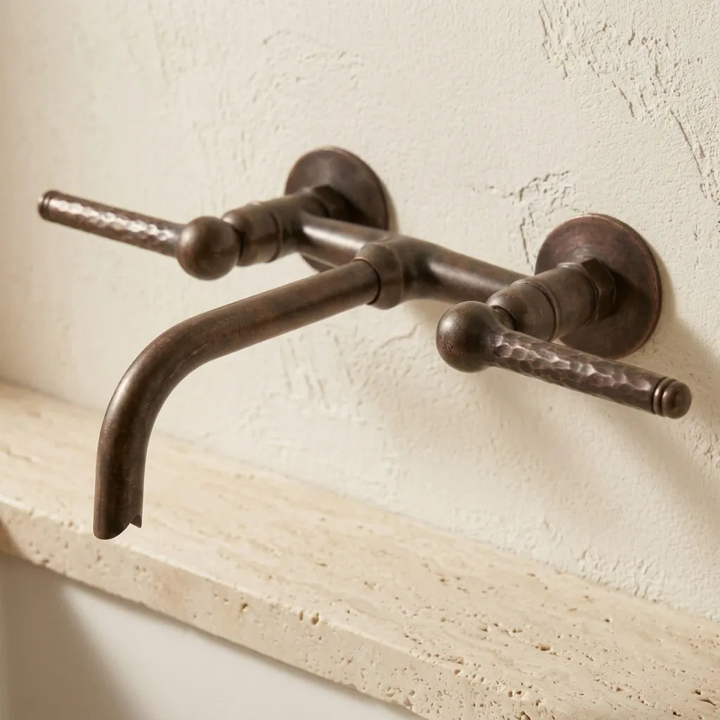 Aged Copper Wall Mounted Bathroom Faucet – Hammered Handles