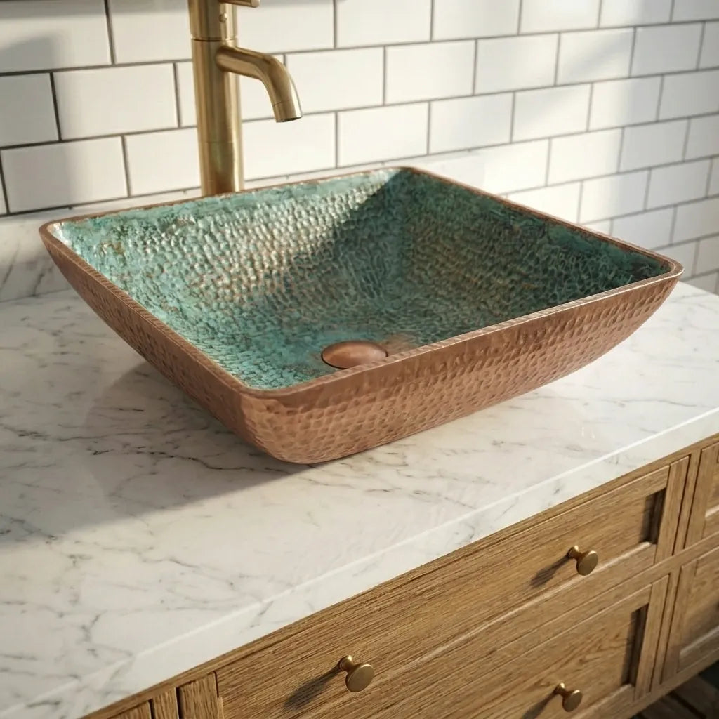 Handmade Oxidized Copper Vessel Sink – Square Hammered Bathroom Basin