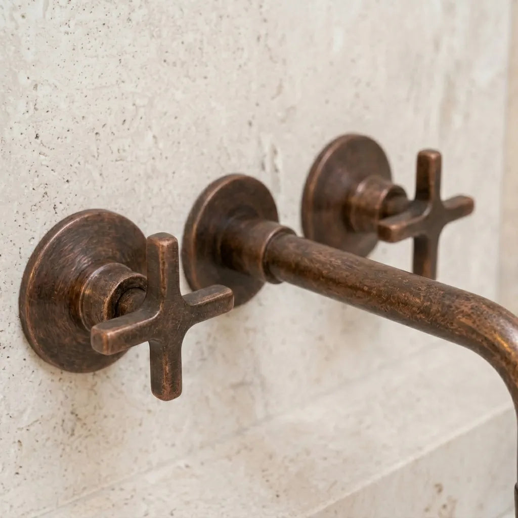 Wall Mount Aged Copper Bathroom Faucet with Cross Handles
