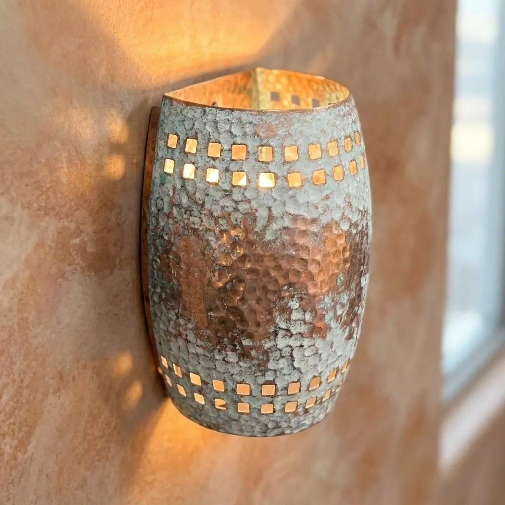 Handmade White Patina Copper Wall Sconce – Hammered Rustic Light
