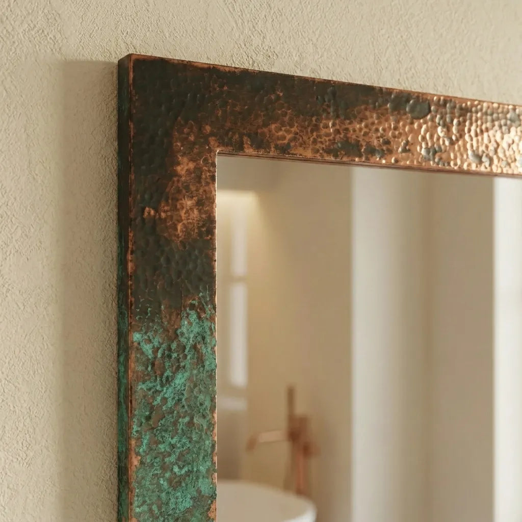 Verdigris Copper Bathroom Mirror – Hammered Rectangular Frame