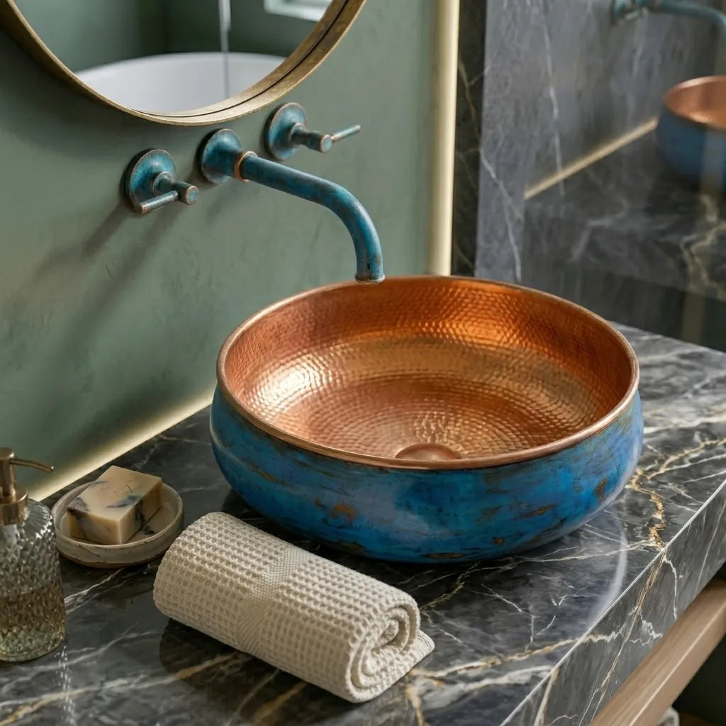 Handmade Blue Patina Copper Vessel Sink with Hammered Interior