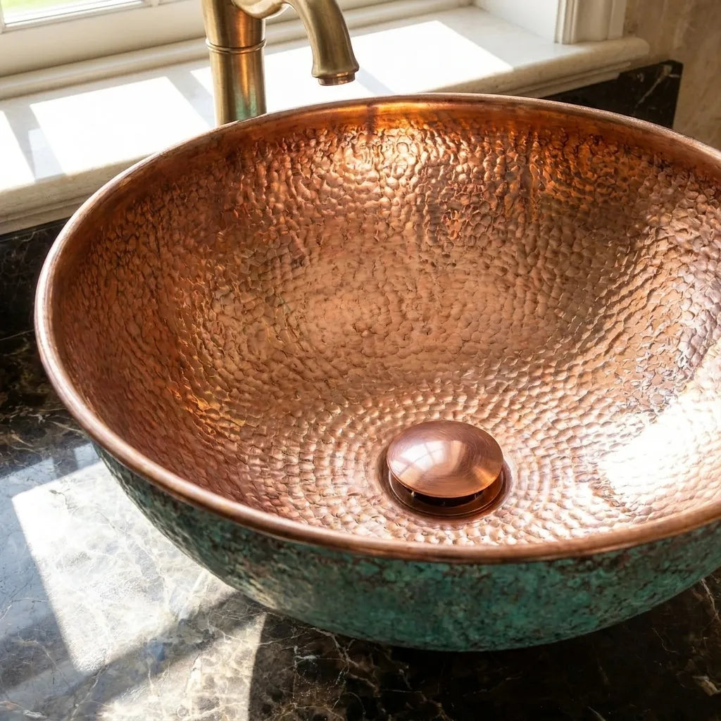 Copper Vessel Sink with Oxidized Finish – Round Hammered Bathroom Basin