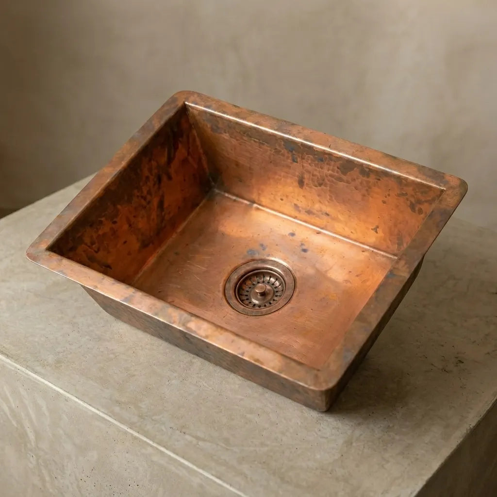 Handmade Rectangular Copper Vessel Sink for Rustic Bathrooms
