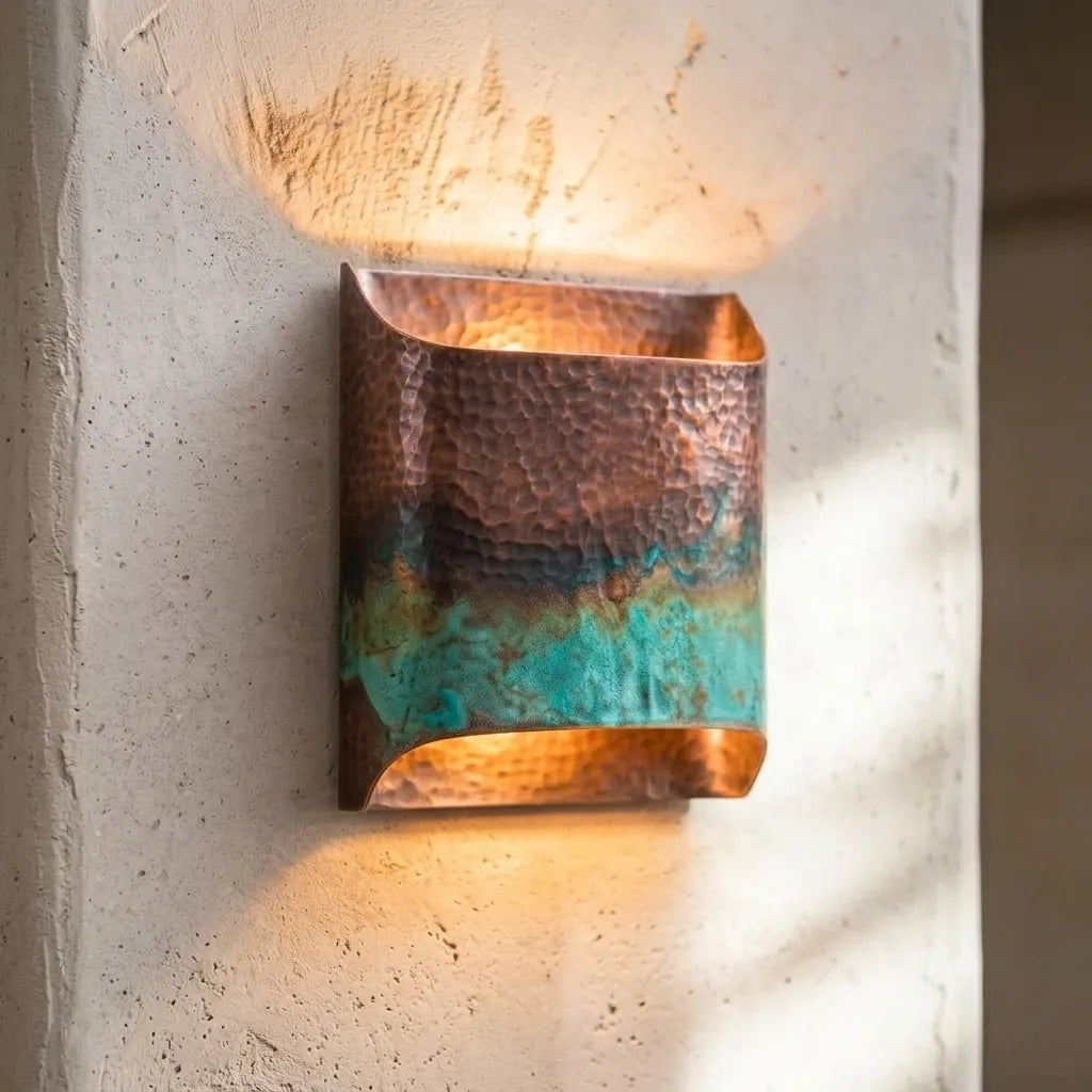 Hand Hammered Copper Wall Sconce with Verdigris Patina