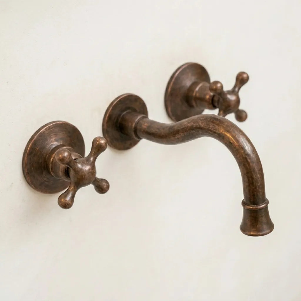 Aged Copper Wall Faucet with Vintage Cross Handles