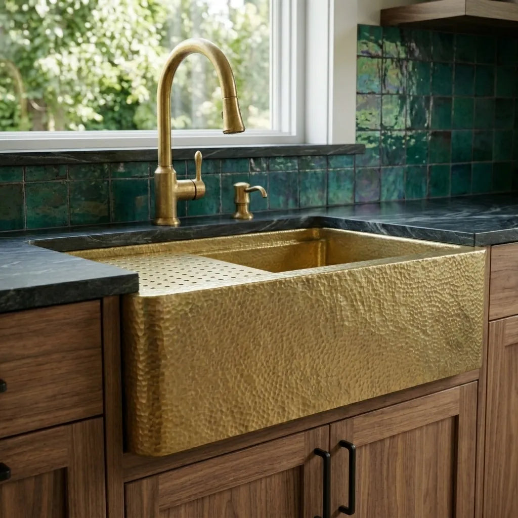 Handmade Hammered Unlacquered Brass Farmhouse Apron Kitchen Sink