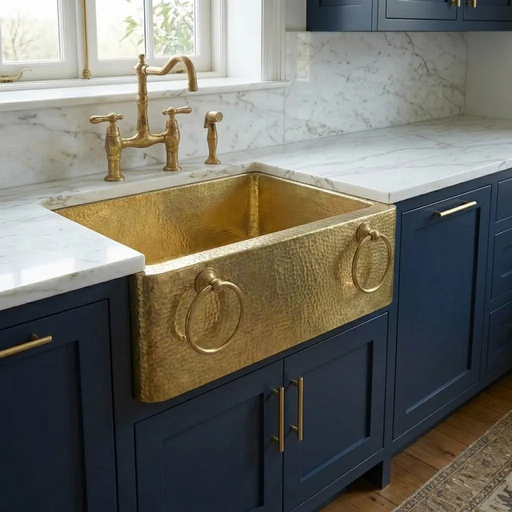 Handmade Hammered Brass Apron Front Farmhouse Kitchen Sink with Ring Handles