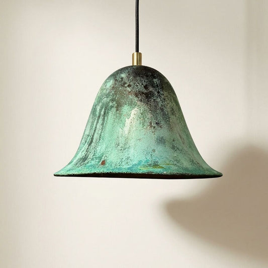 Handmade Oxidized Copper Pendant Light, Green Patina Dome Lamp