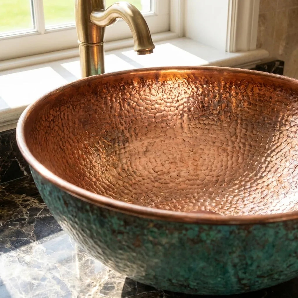 Copper Vessel Sink with Oxidized Finish – Round Hammered Bathroom Basin