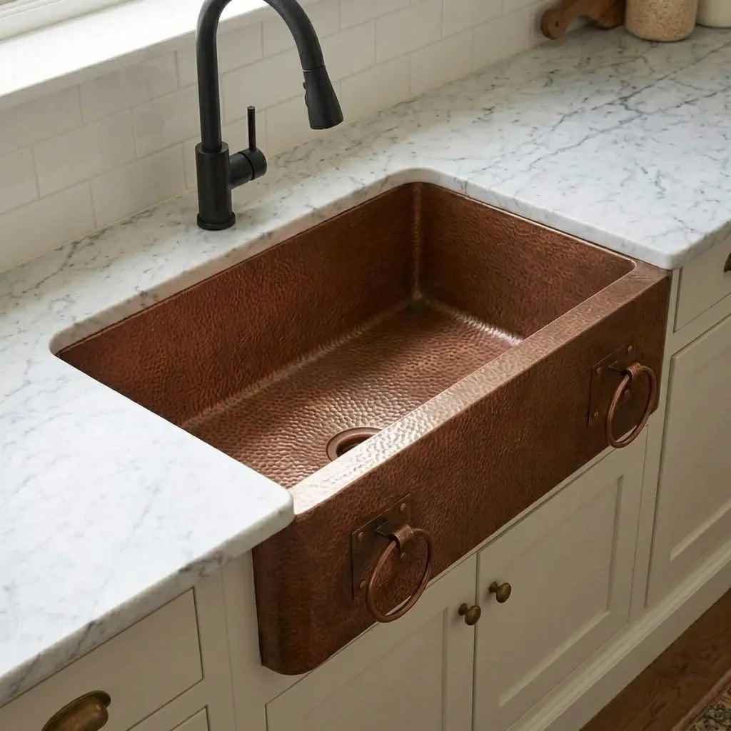 Copper Apron Front Kitchen Sink with Hammered Basin and Ring Detail