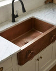Copper Apron Front Kitchen Sink with Hammered Basin and Ring Detail