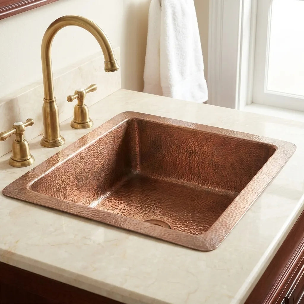 Hammered Copper Drop-In Bathroom Sink – Square Vanity Basin