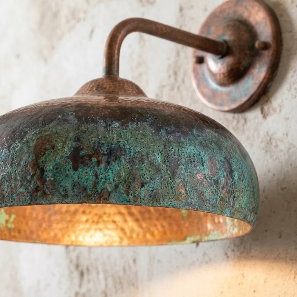 Aged Copper Gooseneck Sconce with Verdigris Dome