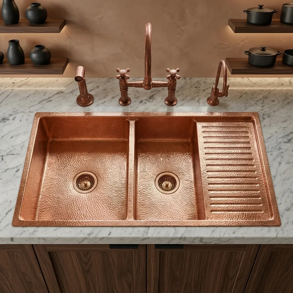 Hammered Copper Double Bowl Kitchen Sink with Built-In Drainboard