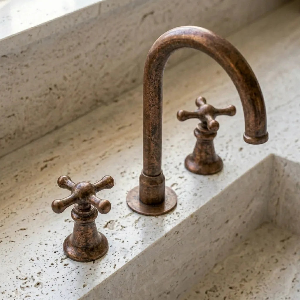 Rustic Copper Widespread Vanity Faucet with Cross Handles