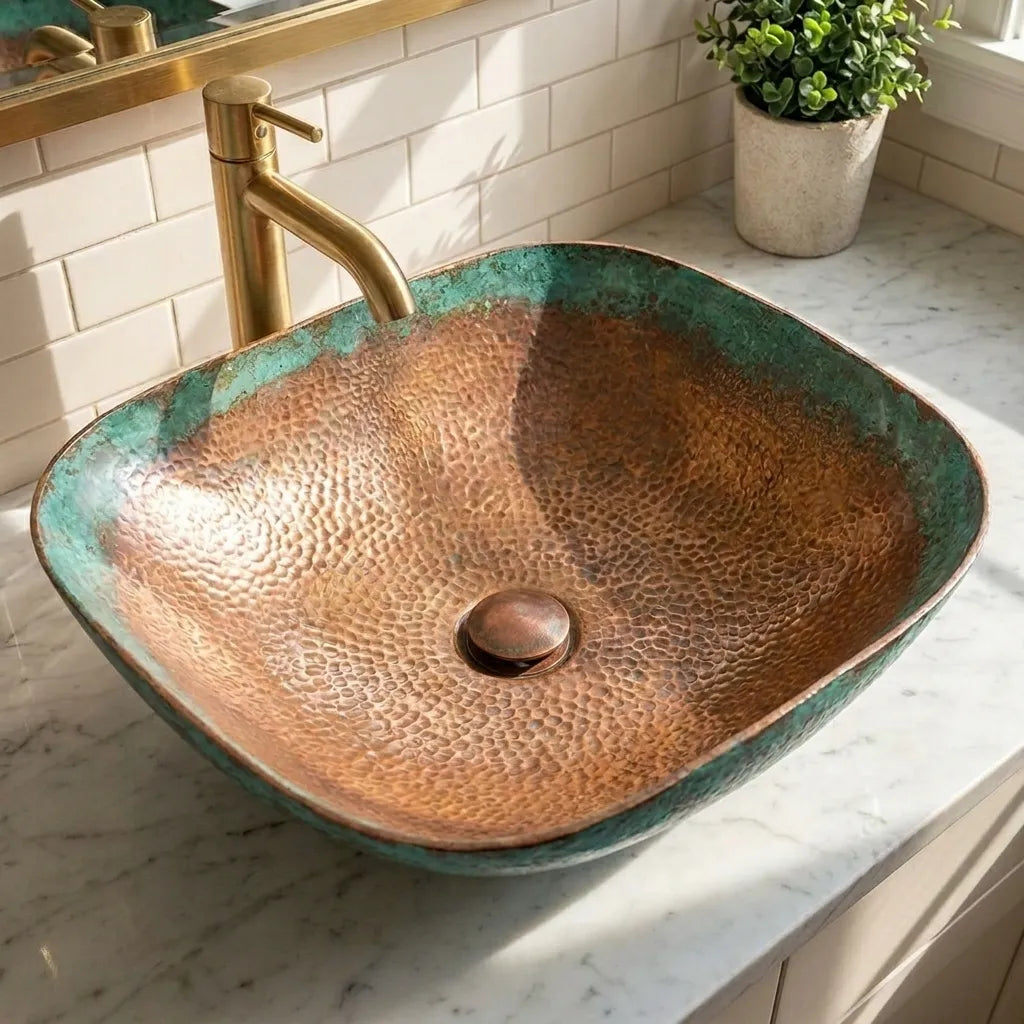 Oxidized Copper Vessel Sink with Rustic Hammered Patina Finish