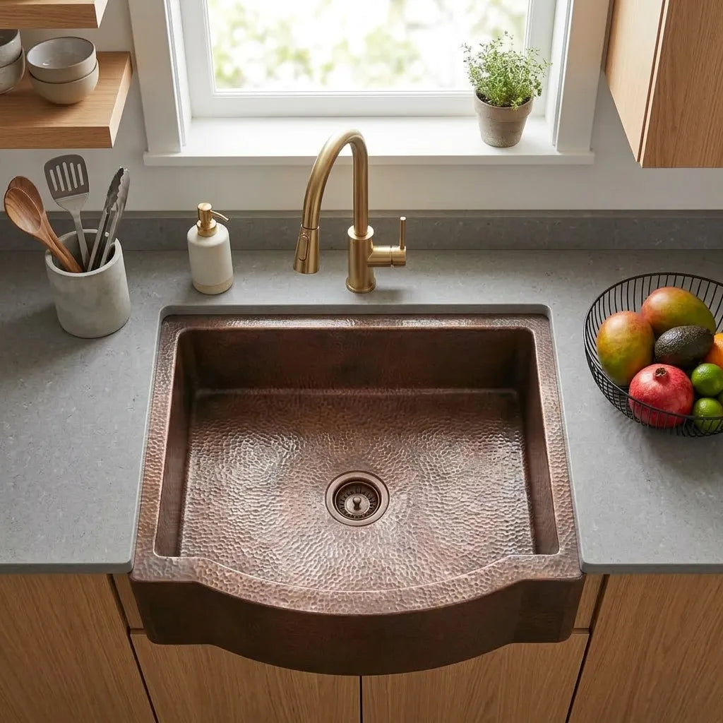 Curved Apron Patina Copper Farmhouse Kitchen Sink