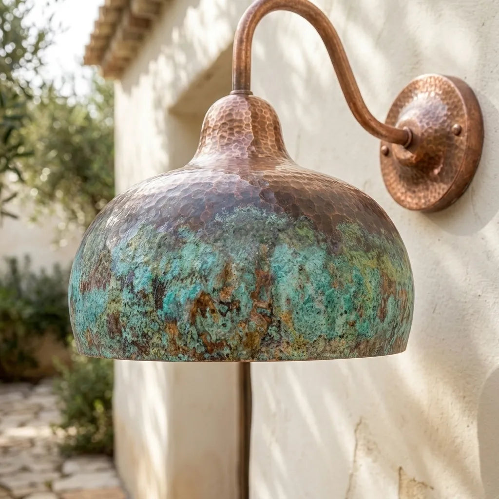 Verdigris Copper Gooseneck Wall Light – Hammered Dome Sconce