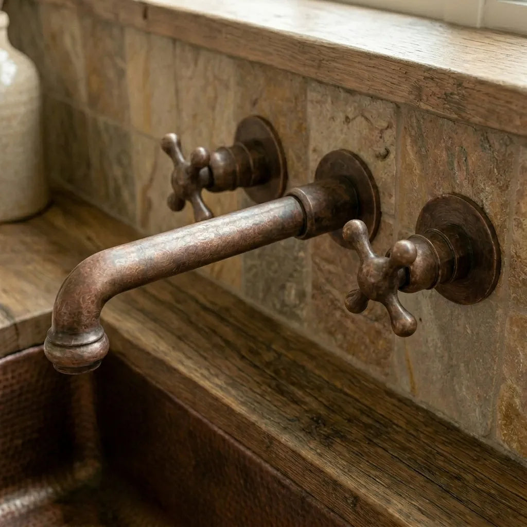 Vintage Copper Wall Tap – Farmhouse Cross Handle Faucet