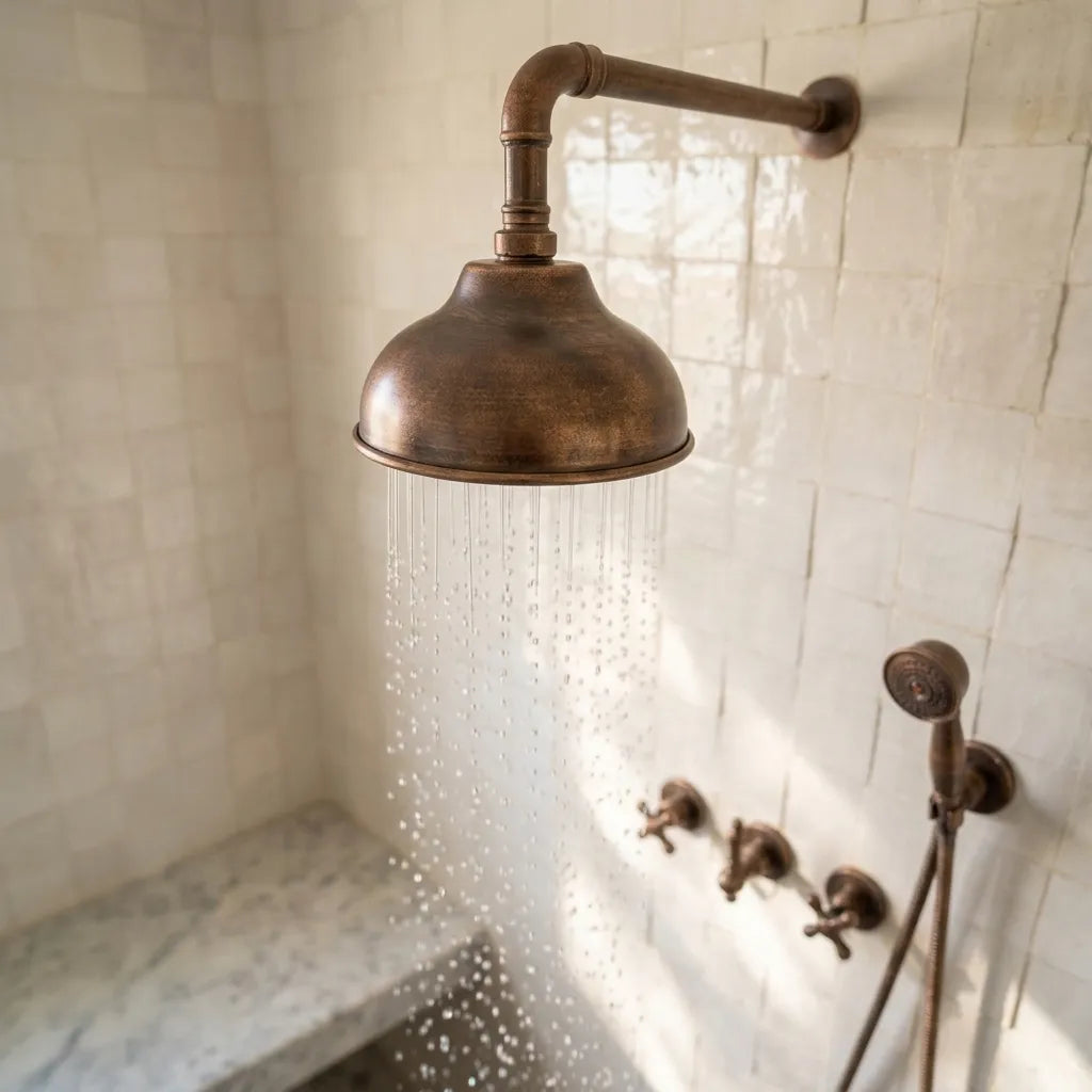 Aged Copper Rain Shower System with Handheld Sprayer