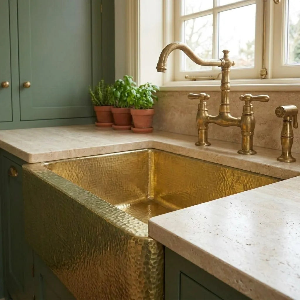 Handmade Hammered Brass Farmhouse Kitchen Sink with Apron Front