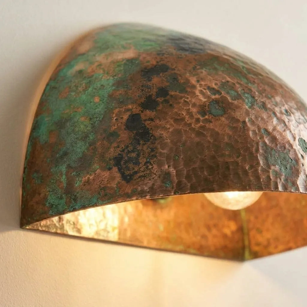 Handmade Green Patina Copper Wall Sconce – Hammered Half Dome Light
