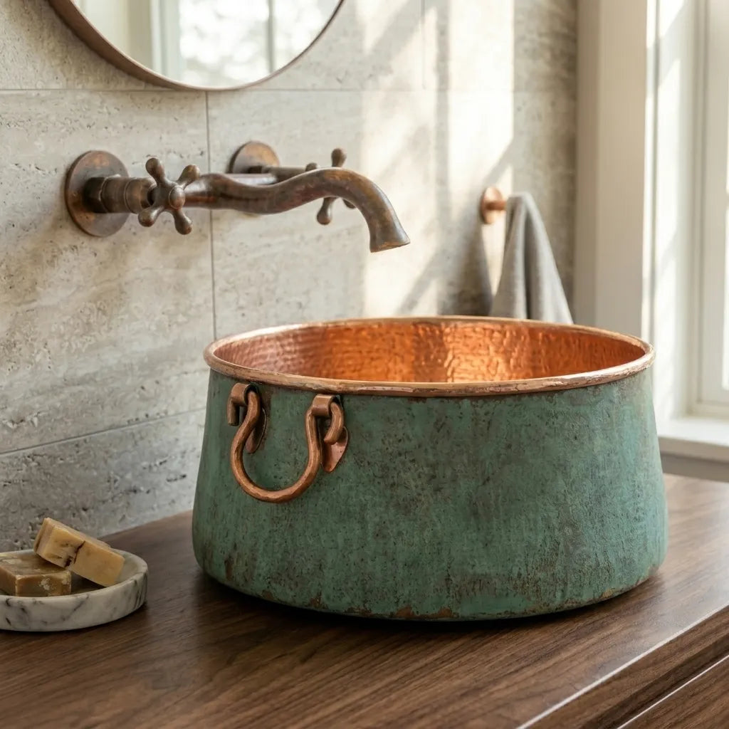 Verdigris Copper Bucket Sink with Hammered Vanity Bowl