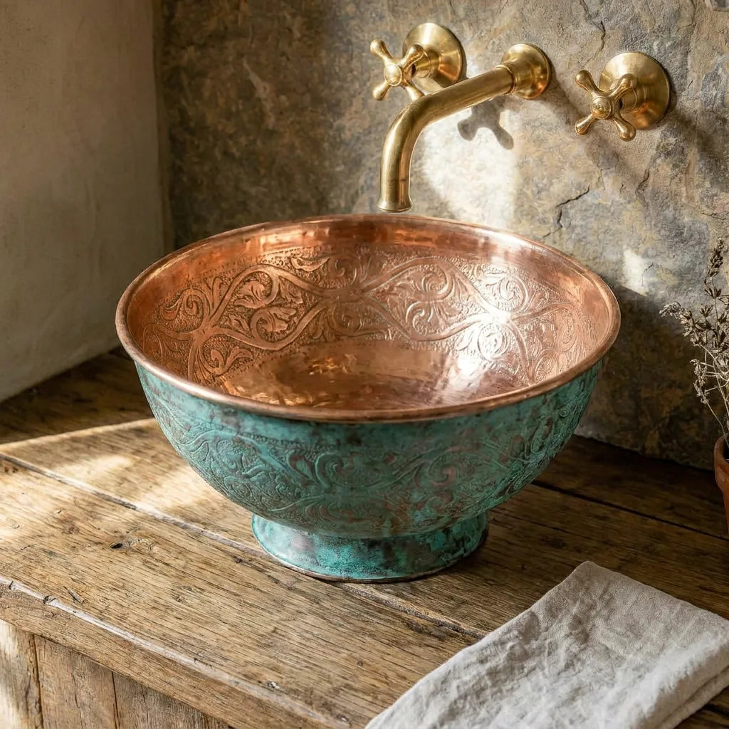 Engraved Verdigris Copper Vessel Sink – Rustic Vanity Bowl