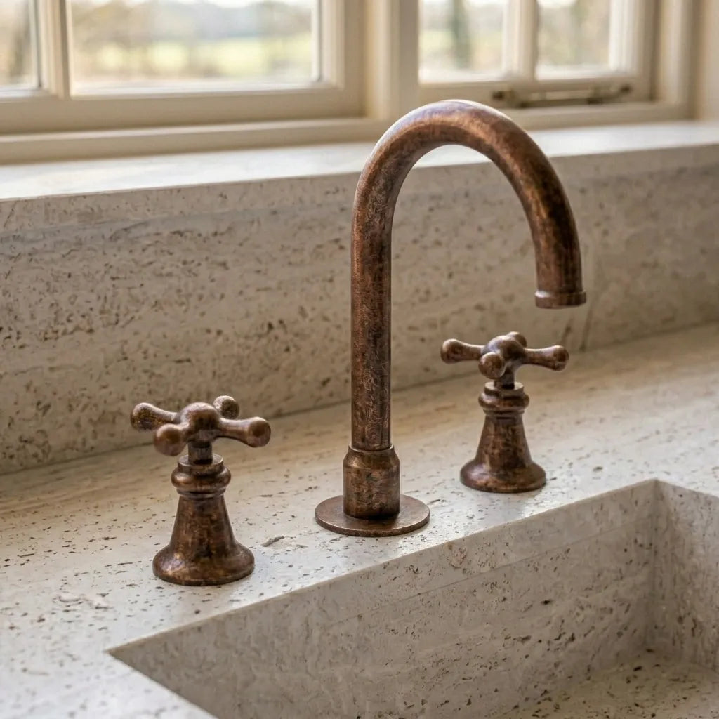 Rustic Copper Widespread Vanity Faucet with Cross Handles