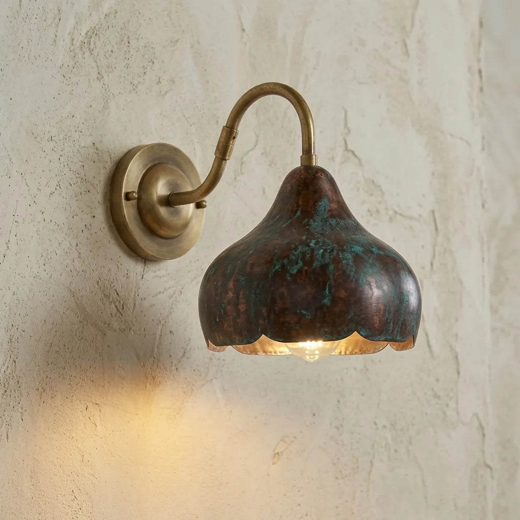 Handcrafted Patina Copper Sconce – Rustic Bedside Light