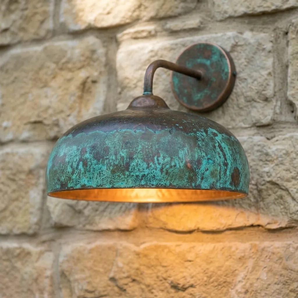 Handmade Green Patina Copper Wall Sconce – Rustic Outdoor Light