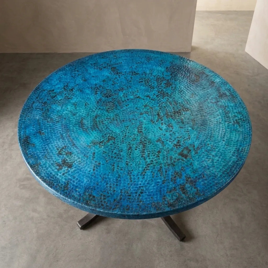 Blue Oxidized Copper Round Table with Curved Copper Base