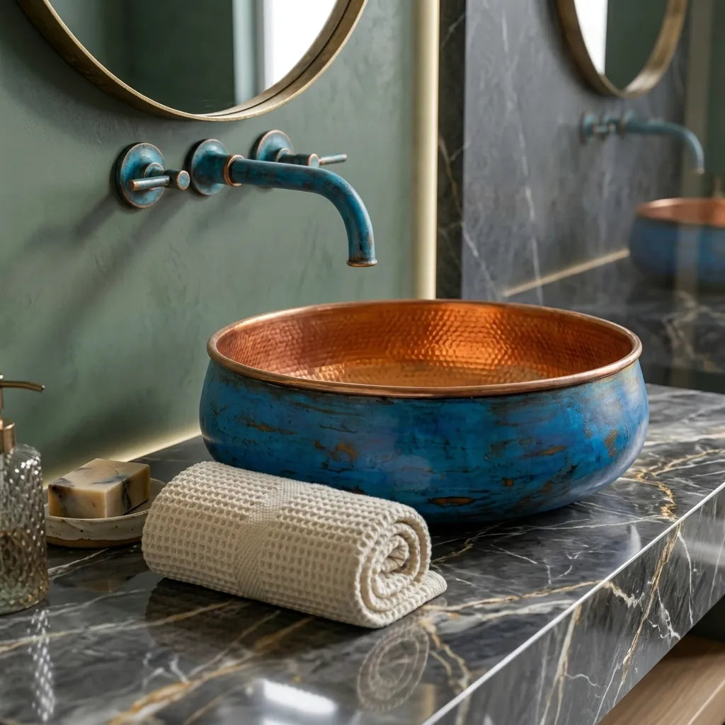 Handmade Blue Patina Copper Vessel Sink with Hammered Interior