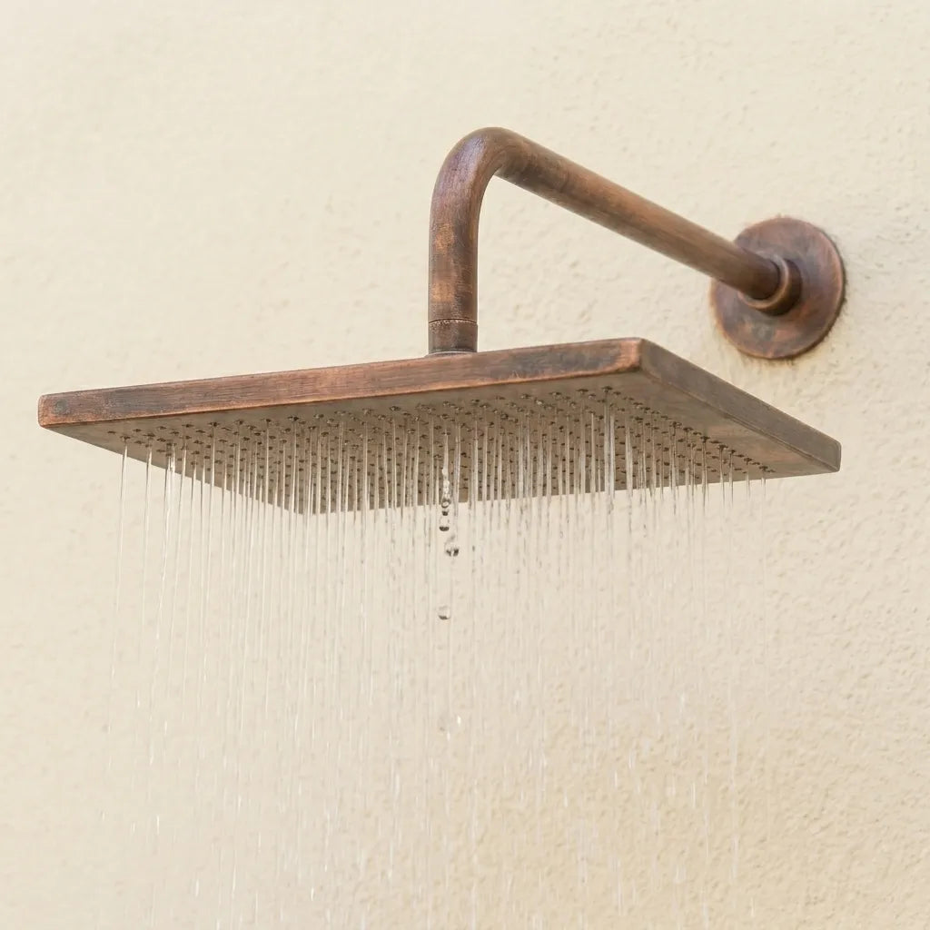 Aged Copper Square Rainfall Shower Head – Wall Mounted