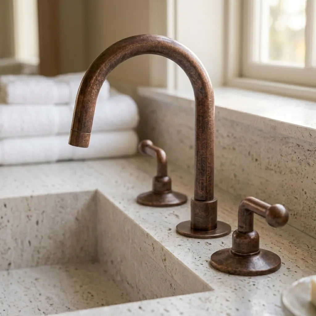 Handmade Aged Copper Bridge Bathroom Faucet with Gooseneck Spout