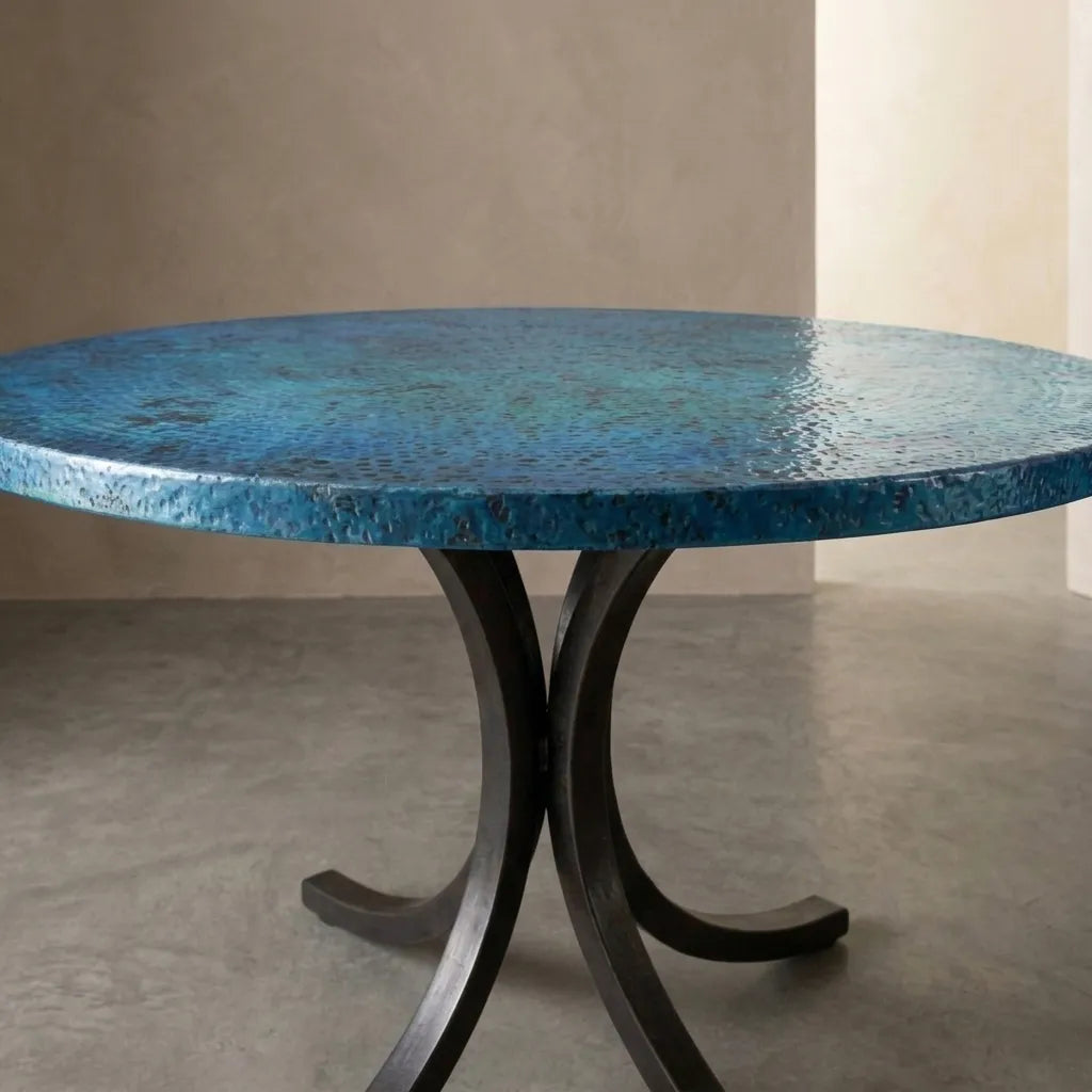 Blue Oxidized Copper Round Table with Curved Copper Base