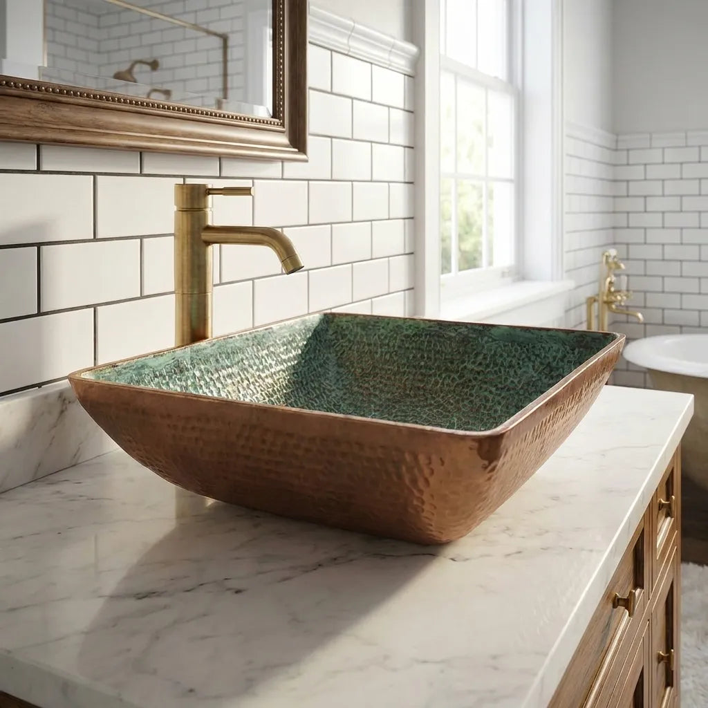Handmade Oxidized Copper Vessel Sink – Square Hammered Bathroom Basin