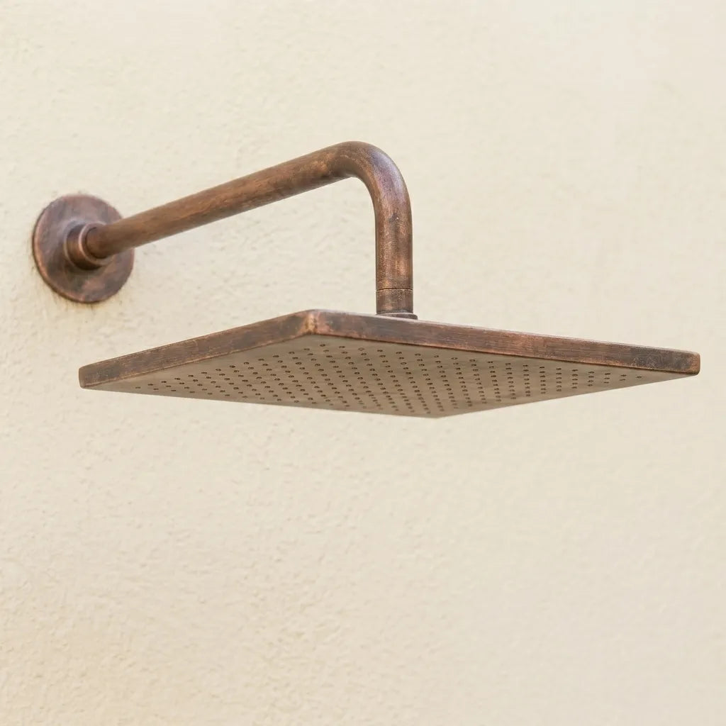 Aged Copper Square Rainfall Shower Head – Wall Mounted
