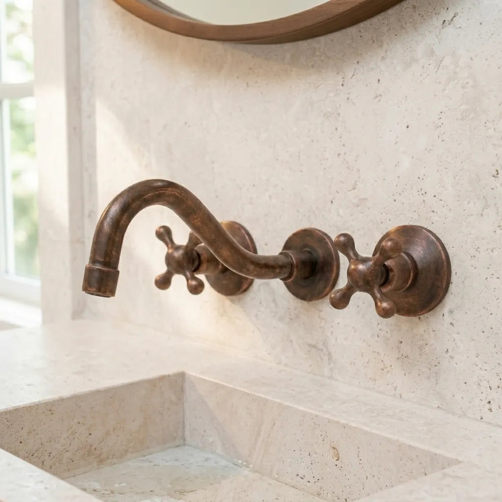 Rustic Copper Wall Faucet – Vintage Cross Handle Sink Tap
