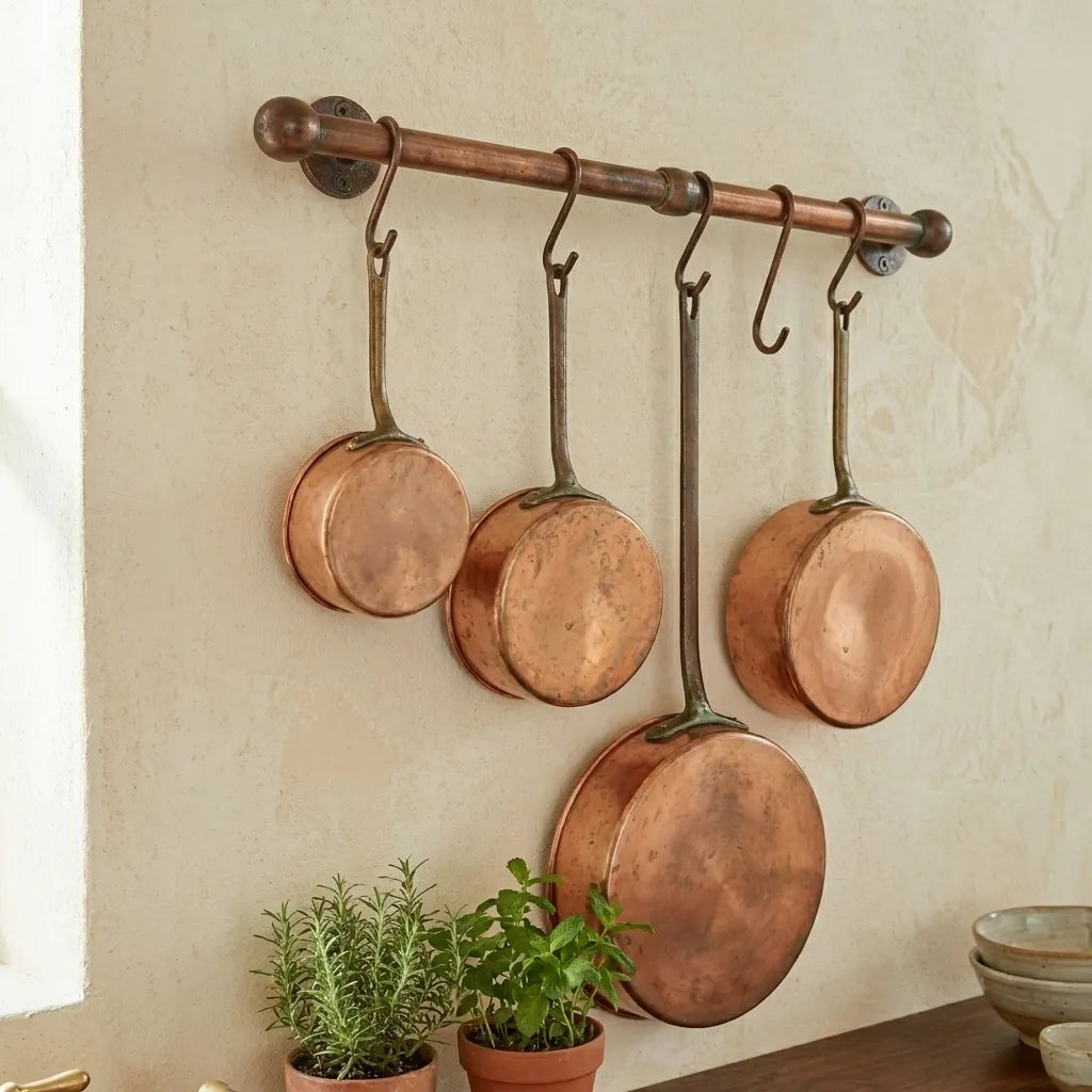 Rustic Copper Wall Pot Rail with S Hooks for Kitchen Storage