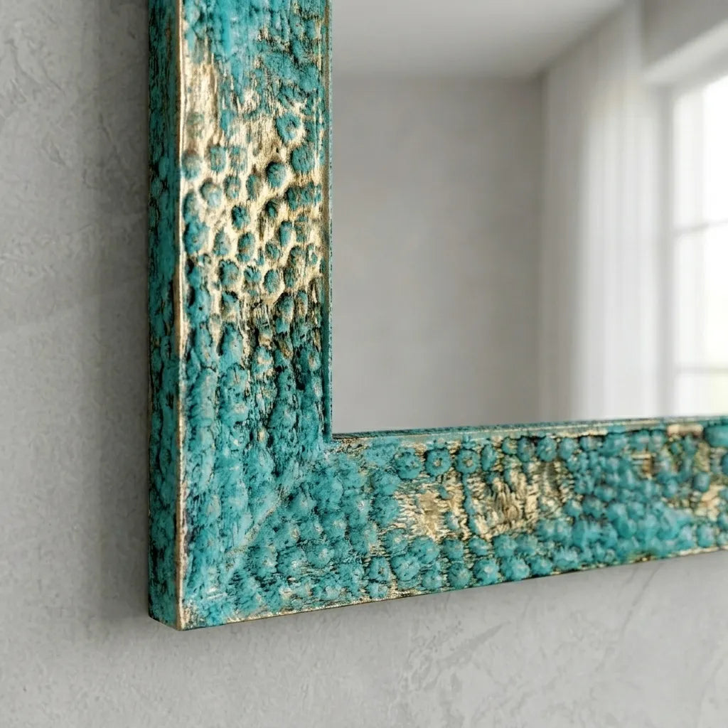 Turquoise Patina Copper Wall Mirror – Handmade Vanity Decor