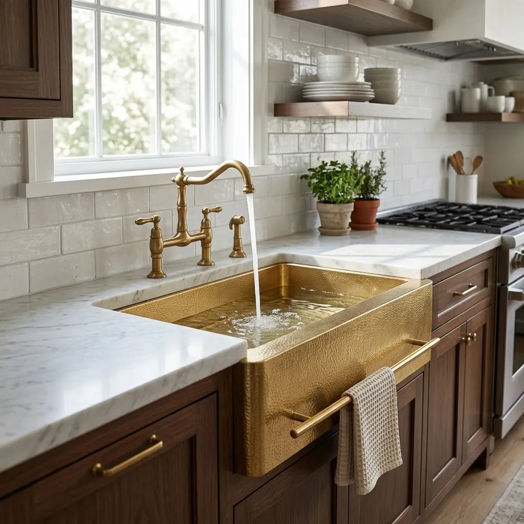 Handmade Hammered Brass Apron Front Kitchen Sink with Towel Bar