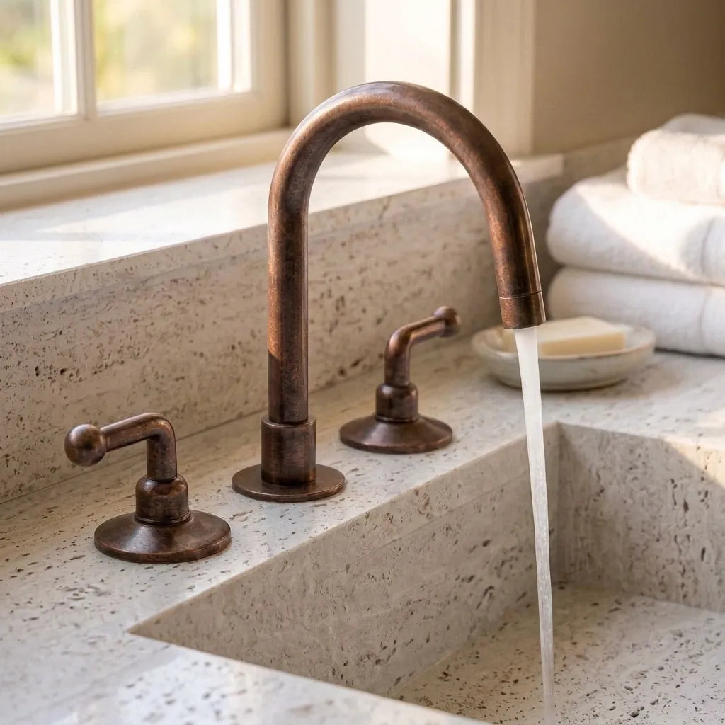 Handmade Aged Copper Bridge Bathroom Faucet with Gooseneck Spout